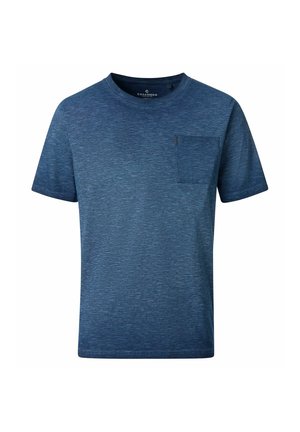 Blå T-shirt med korte ærmer og rund hals med subtil tekstur og en brystlomme på venstre side.