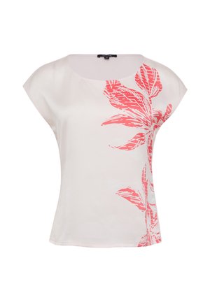 Lichte blouse van zachte, roomkleurige stof met een gedurfde roze bladerenpatroon. Korte mouwen, ronde halslijn, ontspannen pasvorm.