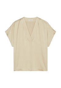 Blouse beige à manches courtes en tissu lisse et léger. Caractérisée par un décolleté en V et des épaules basses pour une coupe décontractée.