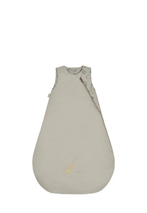 Light gray sleeping bag with a teardrop shape, featuring a soft cotton exterior, giraffe embroidery, and patterned interior with playful designs.