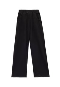 Zwarte wijde sweatpants gemaakt van zachte, rekbare stof. Heeft een elastische tailleband en twee zijzakken voor functionaliteit.