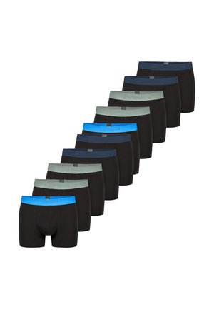 Elf Paare schwarze Boxershorts mit kontrastierenden Taillengummis in Blau, Grün und Marineblau. Hergestellt aus elastischem Stoff und mit einer glatten Textur.