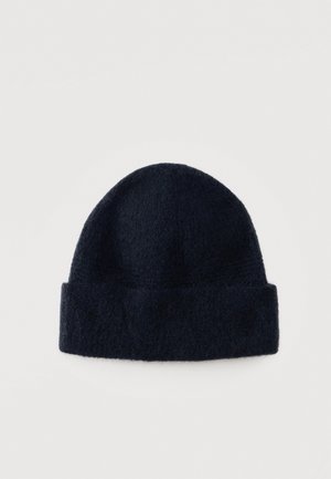 Gorro de punto de color azul marino oscuro con puño doblado, mostrado plano sobre un fondo claro.