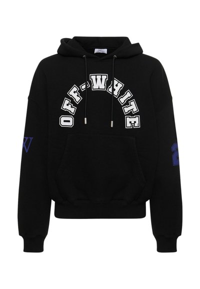 Sweat à capuche noir avec logo "OFF-WHITE" en blanc, poche kangourou à l'avant, capuche avec cordon de serrage, et numéro 2 bleu sur la manche gauche.