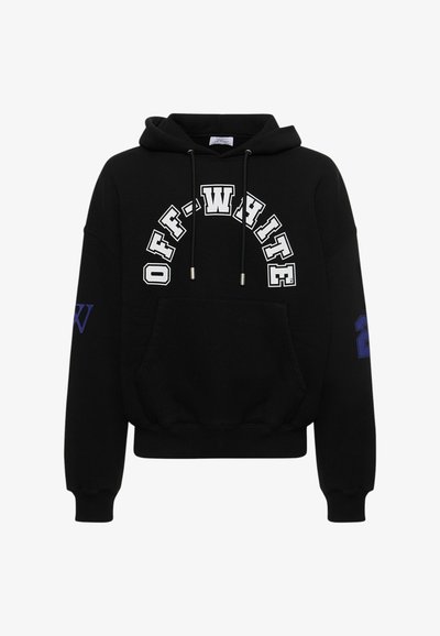 Sweat à capuche noir avec logo "OFF-WHITE" en blanc, poche kangourou à l'avant, capuche avec cordon de serrage, et numéro 2 bleu sur la manche gauche.