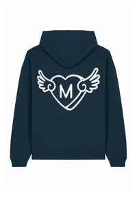 Navy hoodie featuring a white graphic of a heart with wings and the letter “M” in the center. Soft fabric, standard fit, and ribbed cuffs.