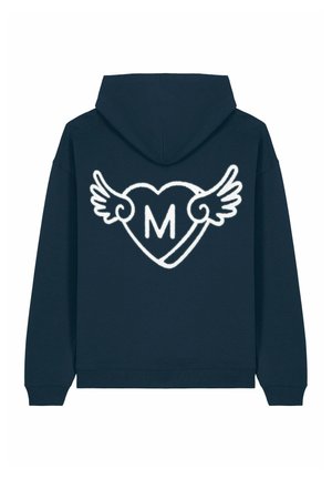 Navy hoodie featuring a white graphic of a heart with wings and the letter “M” in the center. Soft fabric, standard fit, and ribbed cuffs.
