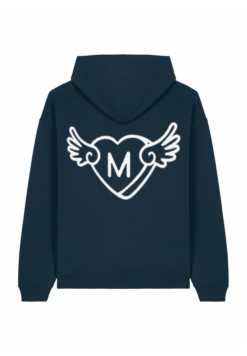 Navy hoodie featuring a white graphic of a heart with wings and the letter “M” in the center. Soft fabric, standard fit, and ribbed cuffs.