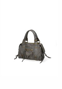 Borsa in suede grigia con due manici corti, dettagli in ottone e chiusura con zip. Presenta un design plissettato e una tasca centrale con zip.