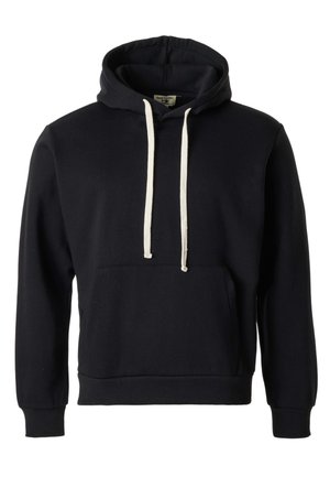 Sweat à capuche noir avec cordons blancs, poche kangourou à l'avant, manches longues et poignets et ourlet côtelés.