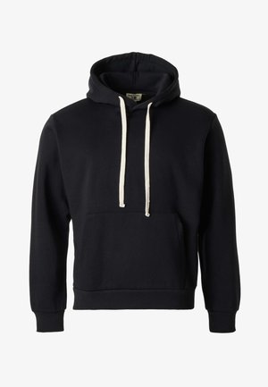 Sweat à capuche noir avec cordons blancs, poche kangourou à l'avant, manches longues et poignets et ourlet côtelés.