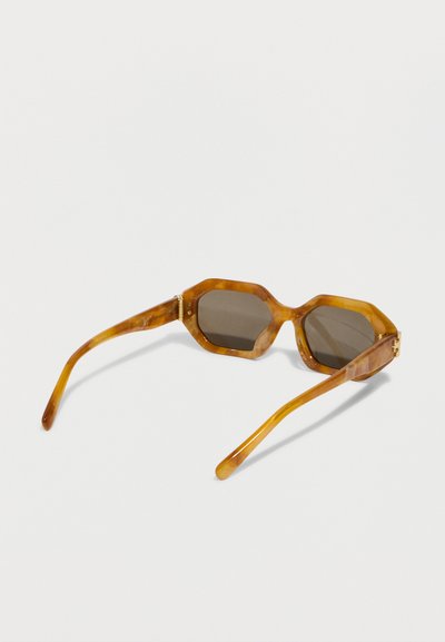 Lunettes de soleil hexagonales en écaille de tortue marron avec des verres foncés reposant sur une surface claire, vues de l'arrière.