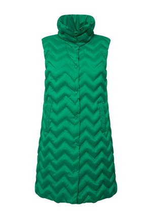 Gilet sans manches vert en matière matelassée avec col montant, motif en chevrons et fermeture à boutons-pression. Texture lisse avec rembourrage.