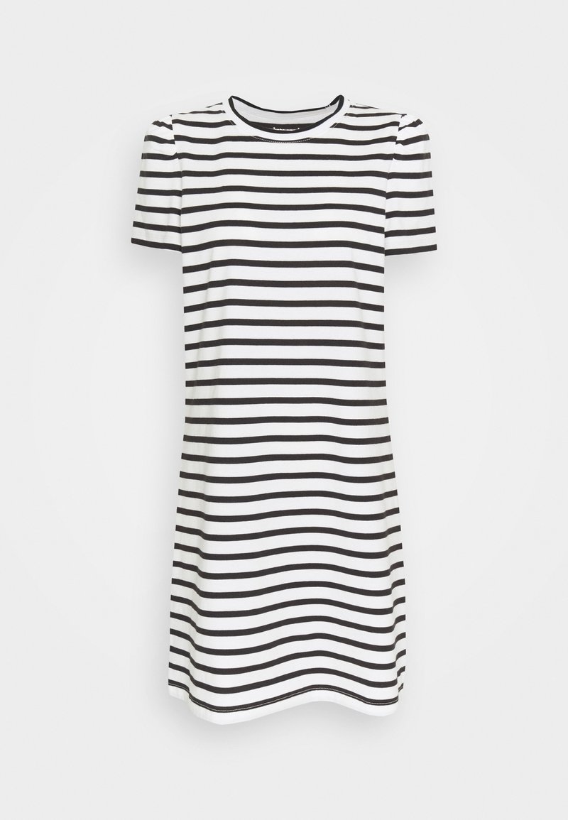 Black and white striped short-sleeve dress with a round neckline. Made of soft fabric, the design features equal-width horizontal stripes.