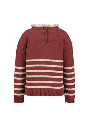 Weinroter Strickpullover mit cremefarbenen horizontalen Streifen an Ärmeln und Körper, Rüschenkragen und zwei Knöpfen am hinteren Halsausschnitt.