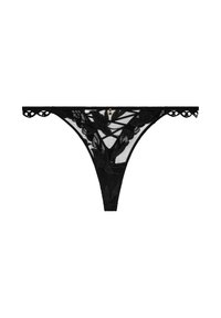 Culotte en dentelle noire avec broderie florale, tissu transparent, détails découpés sur les côtés et un petit accent en métal doré.