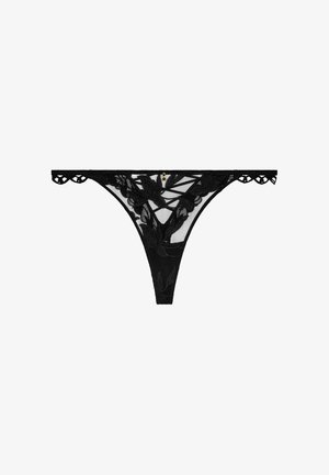 Culotte en dentelle noire avec broderie florale, tissu transparent, détails découpés sur les côtés et un petit accent en métal doré.