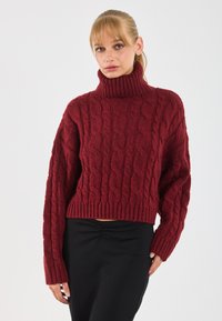 Maglione chunky rosso a treccia con collo alto, maniche lunghe e orlo a coste. Il tessuto sembra morbido e accogliente.