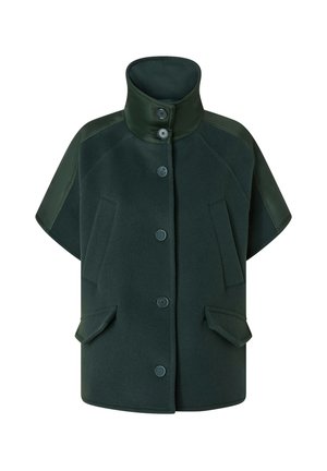 Veste en laine verte de style cape avec un col haut, dotée d'une fermeture à boutons sur le devant, de deux poches avant et de manches texturées contrastantes.