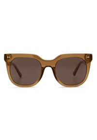 Occhiali da sole in acetato marrone con lenti scure, forma rettangolare, montatura spessa e sottili dettagli metallici sulle tempie.