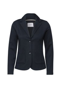 Námořnický modrý blazer s jedním knoflíkem, dvěma předními kapsami a klopovým límcem. Vyrobený z texturované tkaniny s přiléhavým střihem.