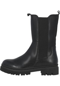 Stivali ankle neri con finitura in pelle liscia, pannelli laterali elasticizzati, linguetta per calzata e suola in gomma resistente con scanalature profonde.