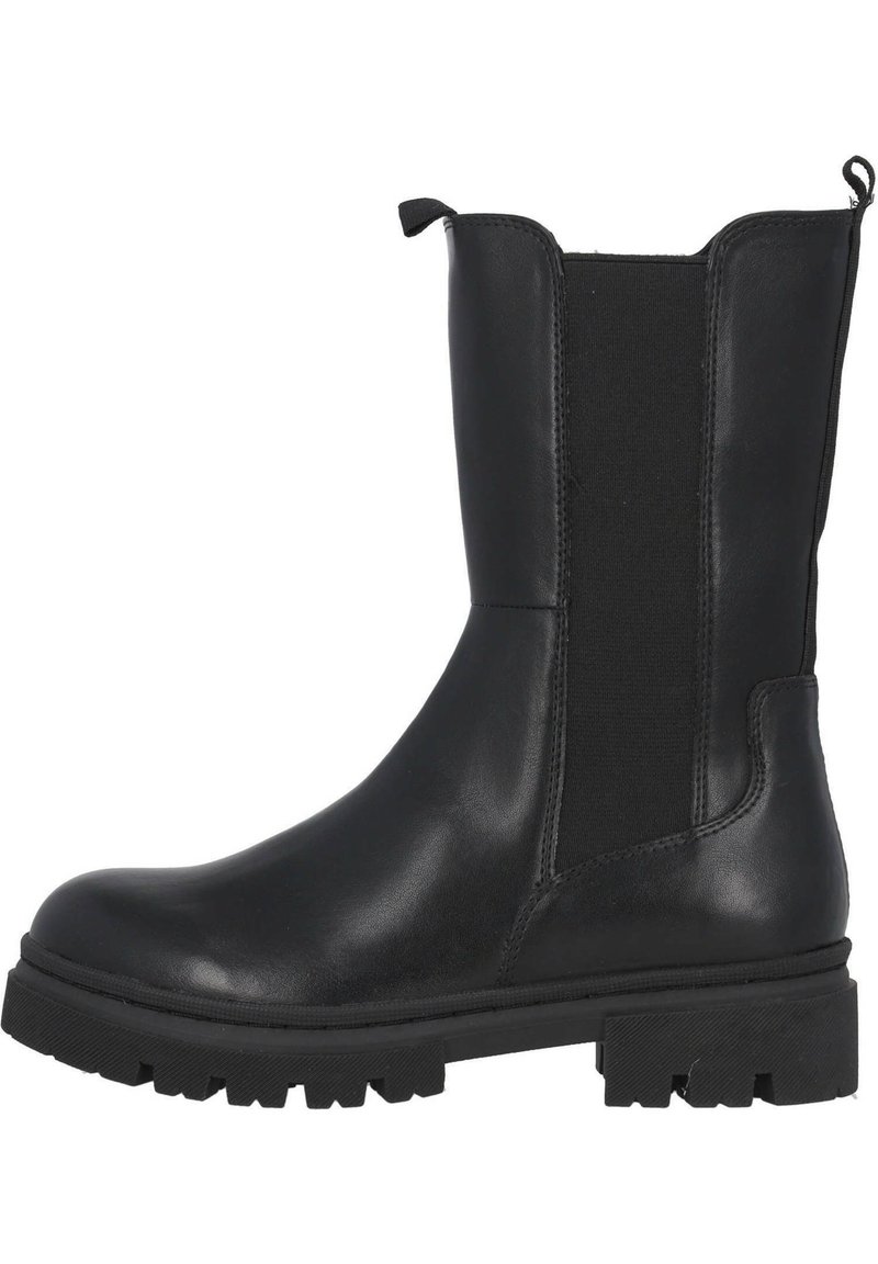 Stivali ankle neri con finitura in pelle liscia, pannelli laterali elasticizzati, linguetta per calzata e suola in gomma resistente con scanalature profonde.