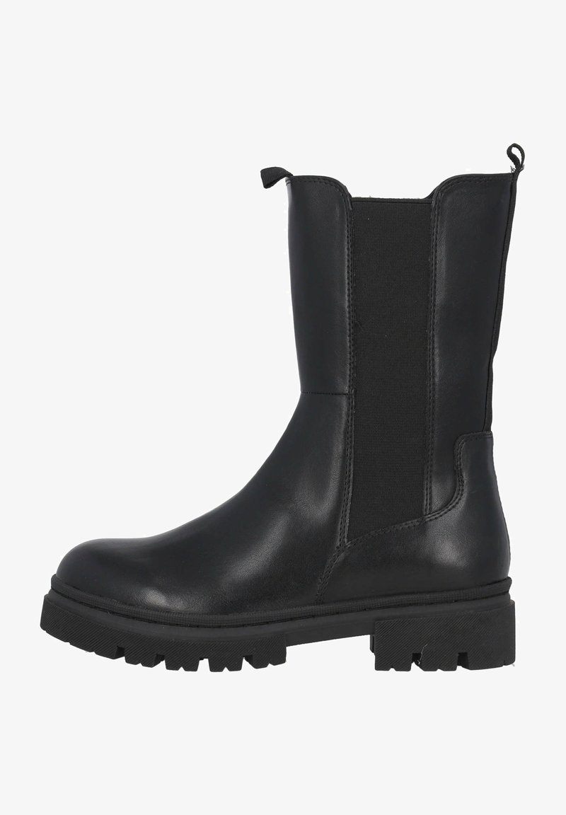 Zwarte enkelboots met een gladlederen afwerking, elastische zijpanelen, een trekhaak en een robuuste rubberen zool met diepe loopvlakken.