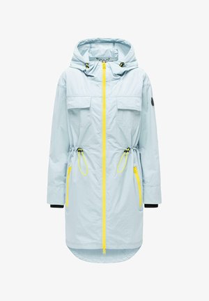 Giacca lunga con cappuccio azzurro chiaro, cerniera frontale gialla, coulisse in vita e tasche laterali con cerniera.
