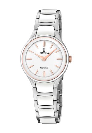Ura za zapestje Festina iz keramike z belim številčnico, rožnato zlato kazalci in oznakami ter srebrno-belim keramičnim zapestnim trakom s povezavami.