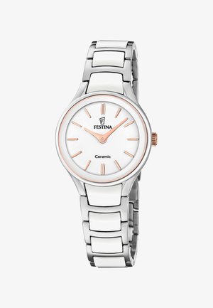Ura za zapestje Festina iz keramike z belim številčnico, rožnato zlato kazalci in oznakami ter srebrno-belim keramičnim zapestnim trakom s povezavami.