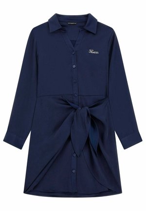 Abito blu navy con chiusura a bottoni sul davanti, colletto e dettaglio in vita annodato. Maniche lunghe e una texture di tessuto liscia.