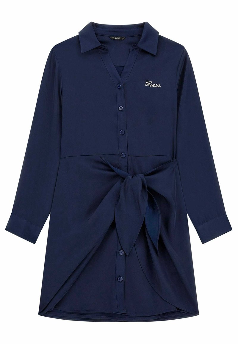 Granatowa sukienka z zapięciem na guziki z przodu, kołnierzykiem i wiązaniem w talii. Długie rękawy i gładka faktura materiału.