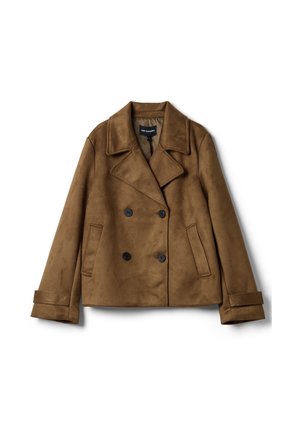 Bruine dubbelgeknoopte suède jas met brede revers, twee voorzakken, met knopen afgewerkte manchetten en een ontspannen pasvorm.