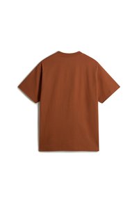 Braun Baumwoll-T-Shirt mit kurzen Ärmeln, Rundhalsausschnitt und glatter Textur. Keine sichtbaren Muster oder Akzente auf der Rückseite.
