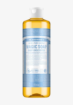 Dr. Bronnerin 475 ml keltainen pullo 18-in-1 Pure-Castile Magic Soap, vauvoille ilman hajustetta, sinivalkoinen etiketti.