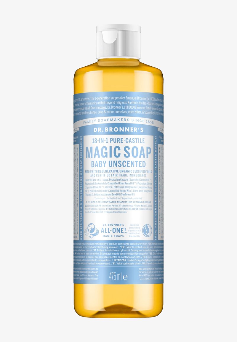 Dr. Bronner’s 475 ml gelbe Flasche mit 18-in-1 Pure-Castile Magic Soap, babyduftfrei mit blau-weißem Etikett.