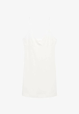 White sleeveless mini dress with thin spaghetti straps and a V-neckline.