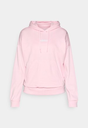 Sudadera de color rosa claro hecha de una tela suave. Presenta una capucha con cordón, bolsillo frontal y puños y dobladillo acanalados. Logo de Adidas en blanco.