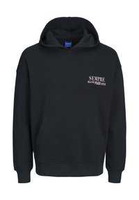 Čierna mikina s kapucňou a predným vreckom, s rebrovanými manžetami a spodným lemom. Na hrudi je text "SEMPRE Blvd 840 PLAZA 40TH" v bielej a ružovej farbe.