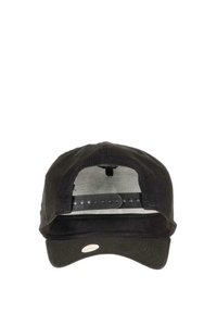 Black cotton baseball cap with a curved brim, adjustable snapback closure, and a ventilated mesh interior.