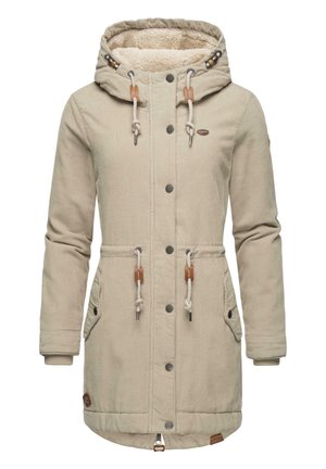 Beige corduroy coat with a fur-lined hood, front pockets, drawstrings, wooden accents, snap buttons, and a zip closure at the bottom.
