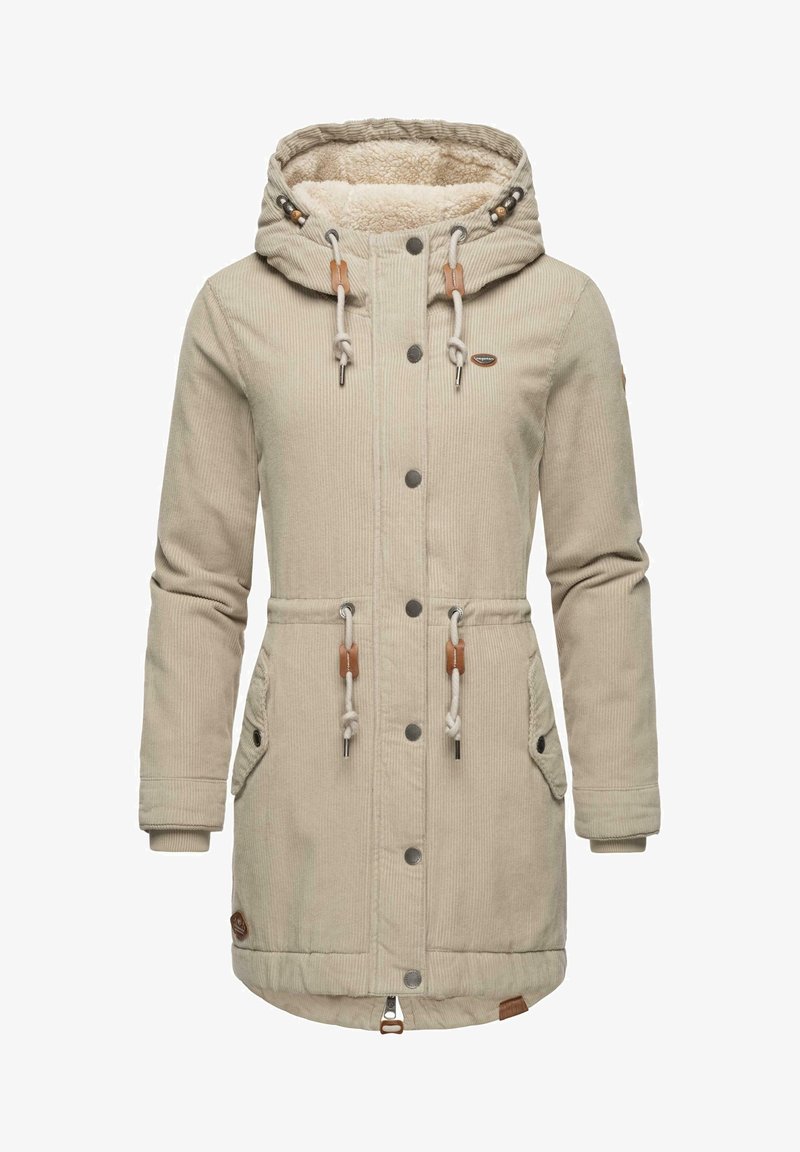 Beeži kordonpükside mantel, millel on karvane kapuuts, ees taskud, kinnitusnöörid, puidust detailid, nupud ja tõmblukk all.