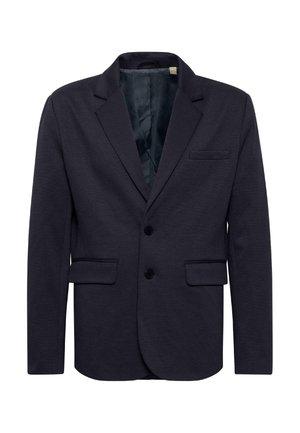 Marineblauw colbert gemaakt van gestructureerde stof, met een notch-revers, twee voorzakken, twee knopen en een enkele borstzak.