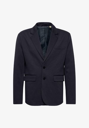 Navy blazer made of textured fabric, featuring a notch lapel, two front pockets, two buttons, and a single chest pocket.