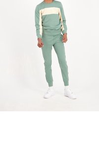 Sudadera verde y pantalones jogger a juego, hechos de suave algodón. La sudadera presenta una franja crema en el pecho con texto. Zapatillas blancas.