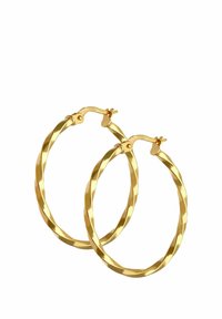 Zlati uhančki v obliki vrtinčastih obročev z bleščečo površino in varnim zapiranjem na zaskočni mehanizem. Lahka zasnova, kroglasta oblika in gladka tekstura.