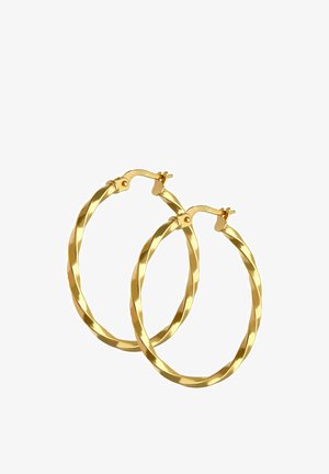 Kultaiset kiertyvät renkaanmuotoiset korvakorut, joissa on kiiltävä pinta ja turvallinen lukitus.