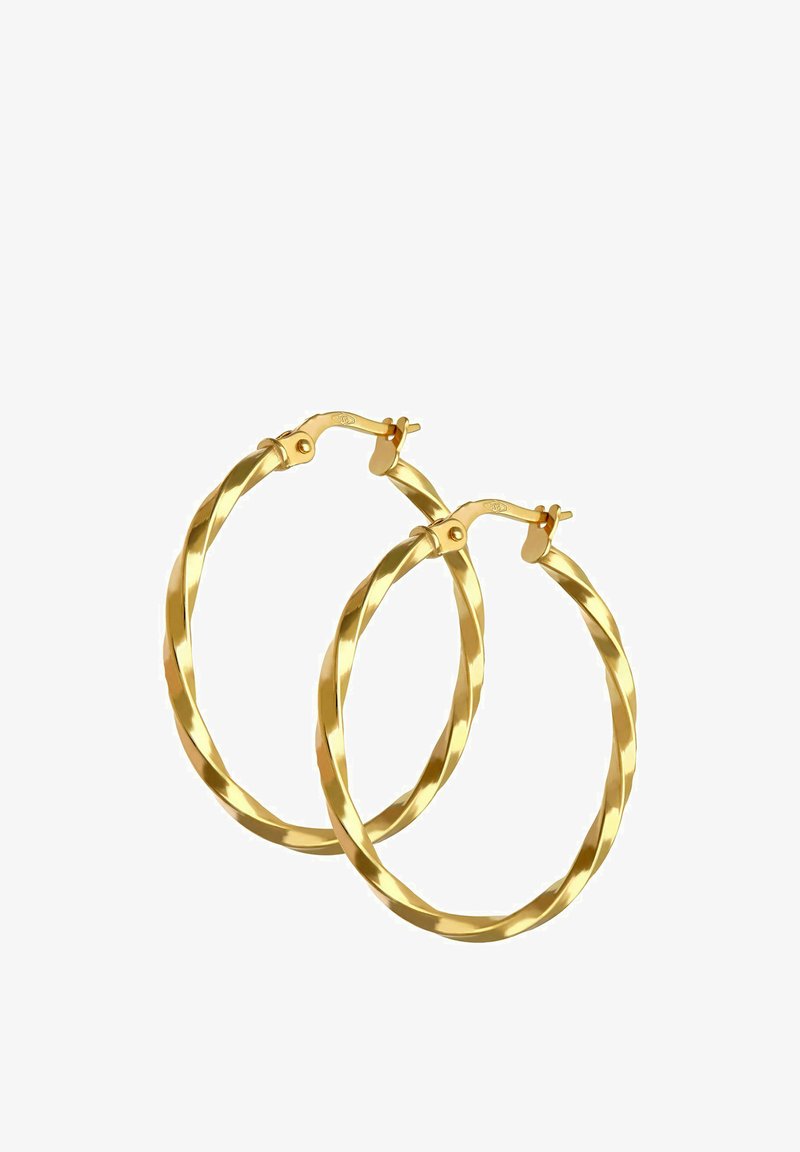 Zlati uhančki v obliki vrtinčastih obročev z bleščečo površino in varnim zapiranjem na zaskočni mehanizem. Lahka zasnova, kroglasta oblika in gladka tekstura.