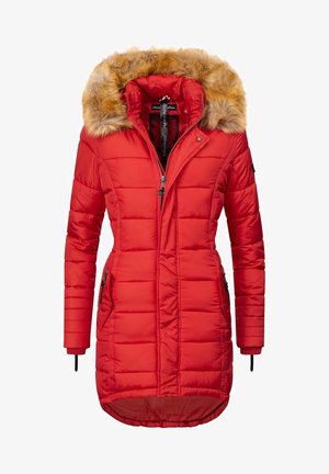 Czerwona pikowana kurtka z odpinanym kapturem z sztucznego futra, zamykanymi na zamek kieszeniami po bokach oraz ściągaczami przy mankietach dla lepszego dopasowania.